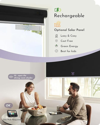 Graywind Motorized Roller Shade Work with Alexa Google 100% Blackout Rechargeable Smart Blinds Remote Control Battery Motor Cordless Window Shades, Customized Size (Matt Black)