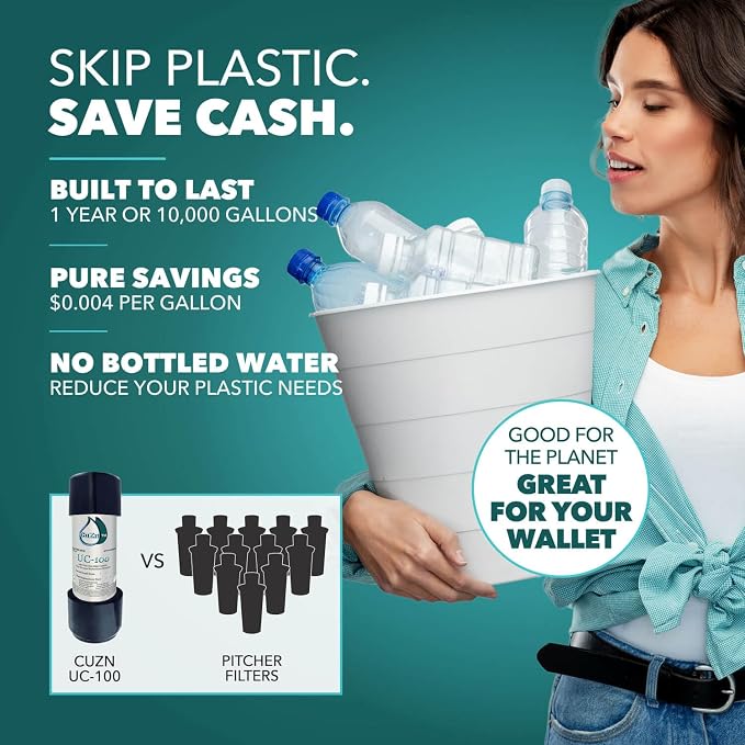 CuZn UC-100 Under Sink Water Filter, 10K Gallons or 1 Year Filtration Life | Reduces PFAs, PFOS, Lead, Chlorine, Improves Taste, NSF and ANSI 42 & 372 Certified, High Performance