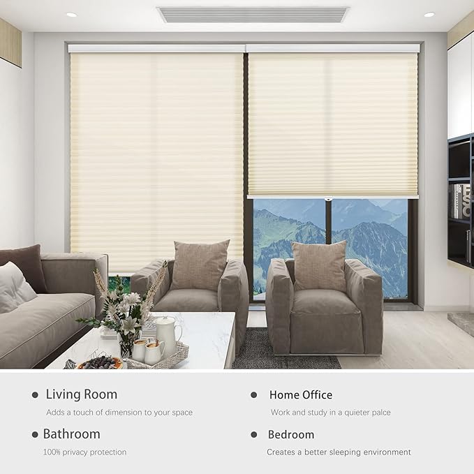 Changshade Cordless Cellular Shades Light Filtering Custom Size, Honeycomb Door Indoor Window Blinds 1.5 inch Cell Easy Install for Home, Office, Living Room, Bedroom, Bathroom, Nursey, Beige