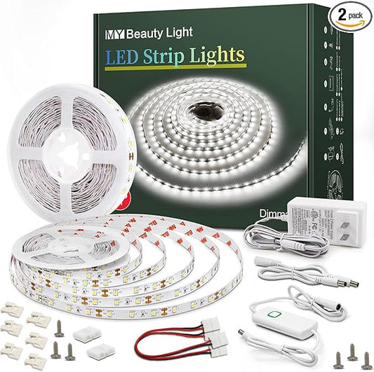 Led Strip Lights 65.6ft White Dimmable Led Light Strip Flexible Rope Lights Kits with 24v Etl Power Supply, Adhesive Clips, Dimmer Switch and Connectors for Indoor Decor