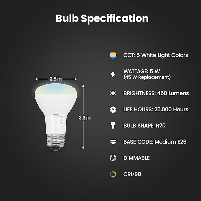 Feit Electric R20 LED Light Bulb, 45W Equivalent, Dimmable, Color Selectable 6-Way, 5CCT, E26 Medium Base, 90 CRI, 450 Lumens, Damp Rated Track or Spot Light, 22-Year Lifetime, R20DM/6WYCA/2, 2 Pack