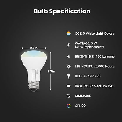 Feit Electric R20 LED Light Bulb, 45W Equivalent, Dimmable, Color Selectable 6-Way, 5CCT, E26 Medium Base, 90 CRI, 450 Lumens, Damp Rated Track or Spot Light, 22-Year Lifetime, R20DM/6WYCA/2, 2 Pack