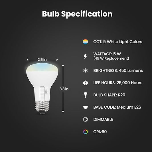 Feit Electric R20 LED Light Bulb, 45W Equivalent, Dimmable, Color Selectable 6-Way, 5CCT, E26 Medium Base, 90 CRI, 450 Lumens, Damp Rated Track or Spot Light, 22-Year Lifetime, R20DM/6WYCA/2, 2 Pack