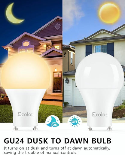 GU24 Dusk to Dawn Outdoor Light Bulbs,Light Sensor A19 LED Bulbs,Photocell Sensor, Automatic On/Off for Indoor/Outdoor Security Lighting,10Watt(90Watt Equivalent),2700K Soft White,4 Pack
