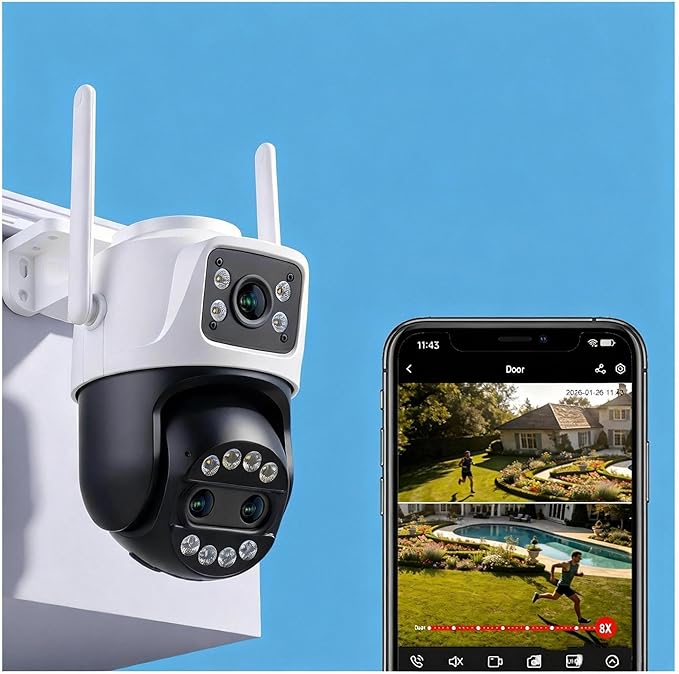 Outdoor Camera 3 Lens, 8X Hybrid Zoom WiFi Security Cameras Wired 24/7 Recording, Pan/Tilt 360°View Auto Tracking, Free AI Detection, Color Night Vision, 2 Way Audio, 32GB Local Storage