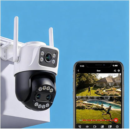 Outdoor Camera 3 Lens, 8X Hybrid Zoom WiFi Security Cameras Wired 24/7 Recording, Pan/Tilt 360°View Auto Tracking, Free AI Detection, Color Night Vision, 2 Way Audio, 32GB Local Storage