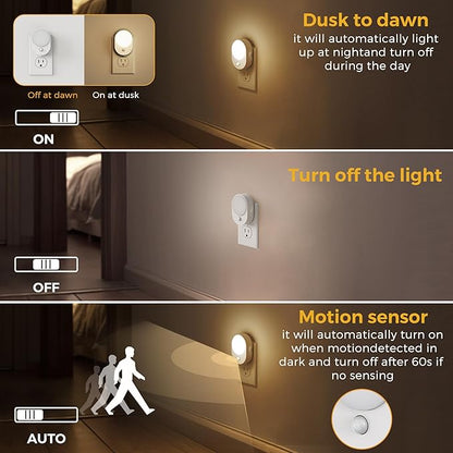 L LOHAS LED Motion Sensor Night Light,[2-PACK] Night Lights Plug into Wall,Motion Sensor and Dusk to Dawn Sensor,3000K Soft White,30/60/100lm Brightness Dimmable,Nightlight for Bathroom Hallway