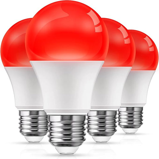 L LOHAS LED Red Light Bulbs Outdoor, Dusk to Dawn Sensor A19 Porch Lights 40W Equivalent, 6W Colored Bulb, Auto-On/Off E26 Base for Christmas, Party, Wedding, Patio, Backyard - 4 Pack