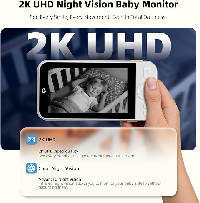 Ellie Pro Baby Monitor with Camera and Audio,5'' IPS 2K UHD Resolution,6000mAh Battery, Remote Pan-Tilt-5X Zoom, 2-Way Talk,No WiFi, Night Vision, Virtual Fence 24hr Play Back and 1000ft Range