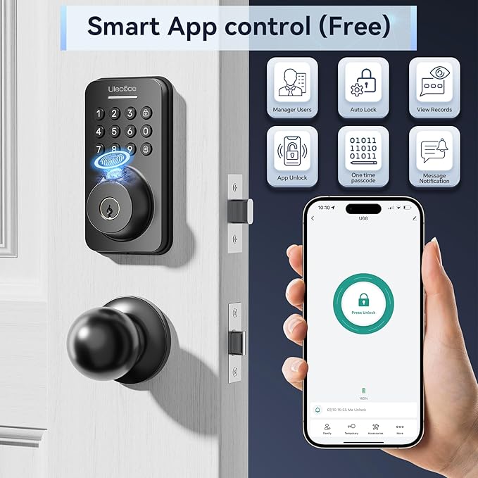 Ulecoce Fingerprint Keypad Deadbolt with Handle Set, Keyless Entry Door Lock, Door Locks for Front Door Lock Set, App Control, Auto Locking, Easy to Install, Matte Black