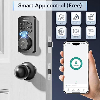 Ulecoce Fingerprint Keypad Deadbolt with Handle Set, Keyless Entry Door Lock, Door Locks for Front Door Lock Set, App Control, Auto Locking, Easy to Install, Matte Black