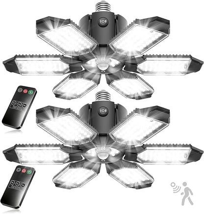 TANBABY 260W Motion Sensor Garage Lights, 30000LM Shop Lights with Remote Control 3 Modes (ON/Off/AUTO), 30/60/120s Timer, E26 Screw-in Deformable 6-Panel 6500K Ceiling Light for Garage Shop (2 Pack)