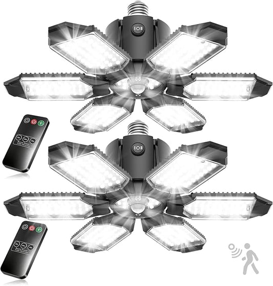 TANBABY 260W Motion Sensor Garage Lights, 30000LM Shop Lights with Remote Control 3 Modes (ON/Off/AUTO), 30/60/120s Timer, E26 Screw-in Deformable 6-Panel 6500K Ceiling Light for Garage Shop (2 Pack)