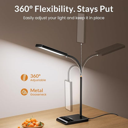 LEPOWER Desk Lamp, 800LM LED for Home Office, True Eye-Caring for Reading | 50 Lighting Modes, 2X Wider Panel, 360° Flexible Gooseneck, Touch Control, 12W Bright Table Lamp for Dorm, Bedroom, Study