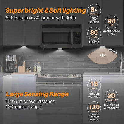 STAR-SPANGLED 3 Pack 3.1” Motion Sensor Lights Indoor AA Battery Operated, Stick on LED Puck Light for Closet, Stairs, Under Cabinet, Kitchen, Cool White