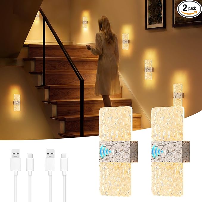 Motion Sensor Light Indoor, 2600 mAh Rechargeable Battery Operated Wall Sconce Set of 2, 0-80LM Dimmable, 3 Colors, Always-On and Dusk to Dawn Motion Mode, Wireless Night Light, Marble Color