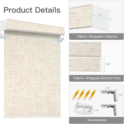 Tokblind Motorized Blackout Roller Shade Fabric Covered Valance and Bottom Rod, Remote Control Electric Window Blind Compatible with Alexa Google via Hub, Custom Size (Texture Beige - Wrapped Fabric)