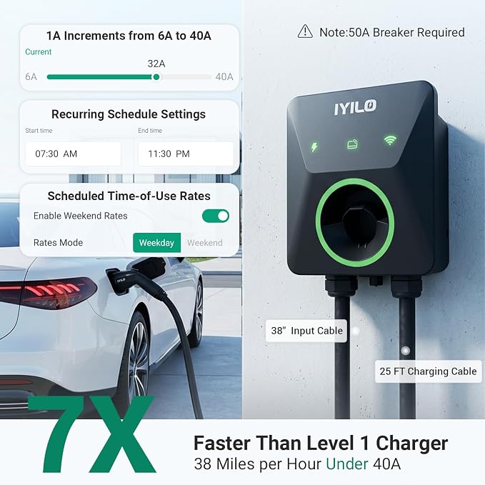 Level 2 EV Charger, 40Amp/9.6KW/240V, NEMA 14-50P, Wi-Fi(2.4 GHz)