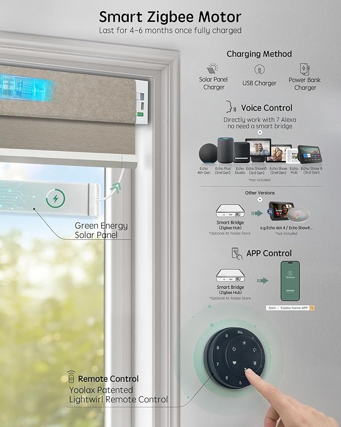 Yoolax Motorized Cellular Shades Compatible with Alexa, Light Filtering Motorized Blinds with Remote Smart Honeycomb Shades for Indoor Windows, Automatic Blinds Custom Size (Texture Light Coffee)