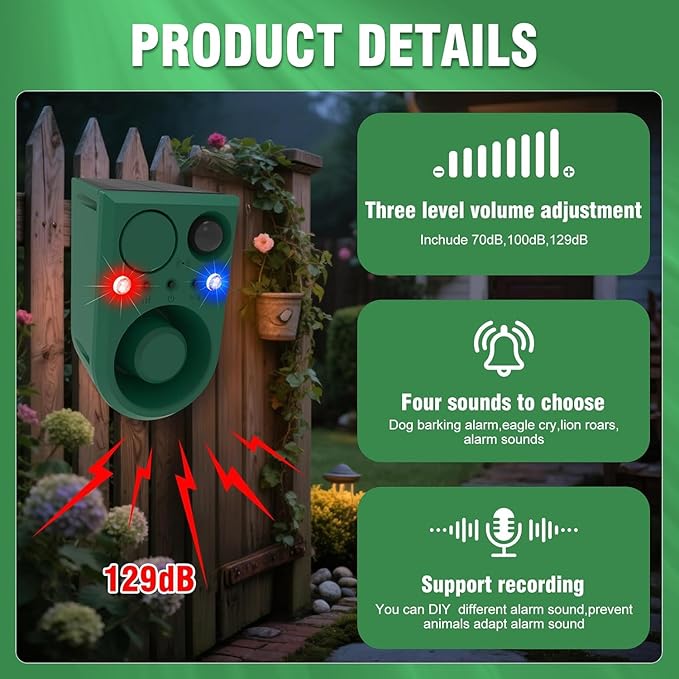 ChunHee Solar Outdoor Motion Sensor Alarm with 3Volume Control & Voice Recording, 129dB Loud Dog Barking Alarm with Red & Blue Strobe Light Noise Maker 4Work Modes for Chicken coop, Garden, Farm, Home