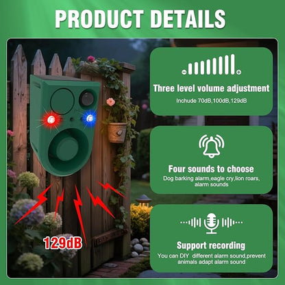 ChunHee Solar Outdoor Motion Sensor Alarm with 3Volume Control & Voice Recording, 129dB Loud Dog Barking Alarm with Red & Blue Strobe Light Noise Maker 4Work Modes for Chicken coop, Garden, Farm, Home