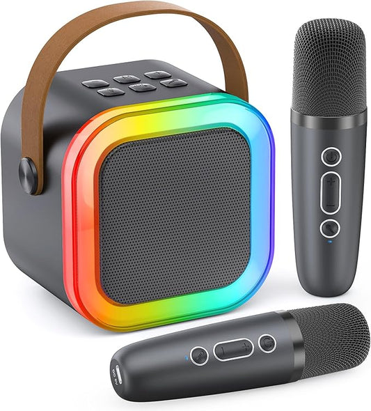 Mini Karaoke Machine for Kids Adults, 2026 TOP Birthday Gifts for Girls Boys 3,4,5,6,7,8+Year Old Toddler Toys, Portable Bluetooth Speaker with 2 Wireless Karaoke Microphones Player (Grey)