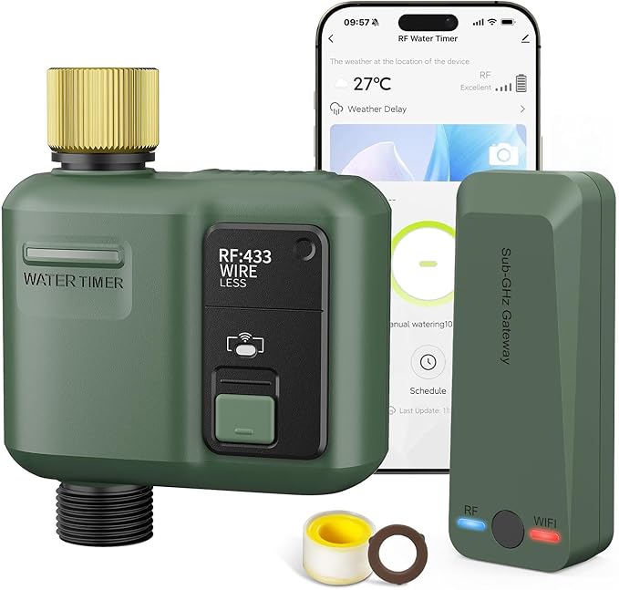 WiFi Water Timer for Garden Hose, Smart Sprinkler Controller with 984ft RF Range, Smart Lawn Watering System Irrigation Timer, APP/Voice Control, Rain Delay, Manual Irrigation (Brass Inlet)
