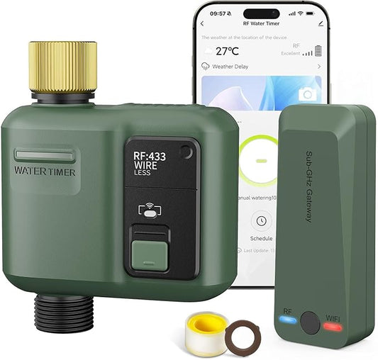 WiFi Water Timer for Garden Hose, Smart Sprinkler Controller with 984ft RF Range, Smart Lawn Watering System Irrigation Timer, APP/Voice Control, Rain Delay, Manual Irrigation (Brass Inlet)