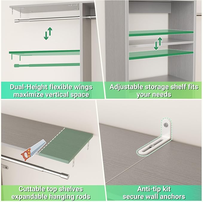 Besiost 4FT Small Closet Organizer System with 4 Hanging Rods & 3 Shelves | 48" Closet System for Small Closets, 80" H Small Closet Organizers and Storage for Bedrooms, Cloakrooms, Gray