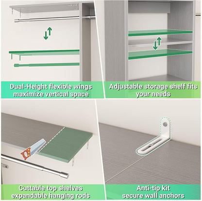 Besiost 4FT Small Closet Organizer System with 4 Hanging Rods & 3 Shelves | 48" Closet System for Small Closets, 80" H Small Closet Organizers and Storage for Bedrooms, Cloakrooms, Gray
