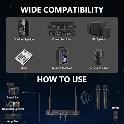 Wireless Microphone System, Metal Dual Pro UHF Cordless Dynamic Mic, 2x30 Adjustable Frequencies, Handheld Microphone System for Home Karaoke, Meeting, Church, 300ft Range (2 Handheld)