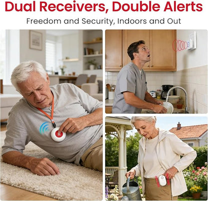CallToU Wireless Caregiver Pager Waterproof Call Button Vibration Call Bell for Elderly at Home Disabled Patient Elderly Monitoring Nurse Calling 2 SOS Panic Buttons/Transmitters 500FT 2 Receivers