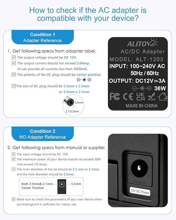 ALITOVE 12V DC Power Supply 3A 36W Universal AC Adapter 100-240V 50-60hz to 12 Volt Power Adapter Cord 3Amp 2.5A 2A 5.5mm x 2.5mm 2.1mm for LED Strip Light CCTV Security Camera PC Monitor and More