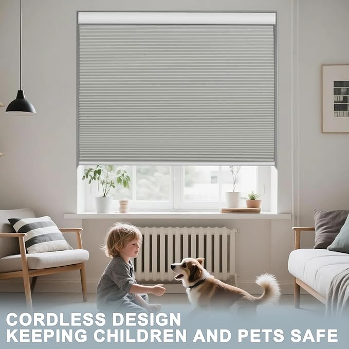 BERISSA Motorized Cellular Shades, Blackout Smart Honeycomb Blinds with Remote Control & Hub, Custom Room Darkening Automatic Cellular Window Blinds for Home Office, Living Room, Door,Gray