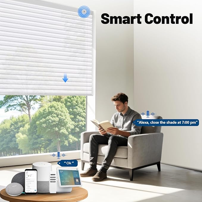 Motorized Cellular Shades with Remote, Smart Cellular Shades Compatible with Apple HomeKit, Alexa & Google Home, Honeycomb Window Blinds for Indoor Windows, Light Filtering Crystal White