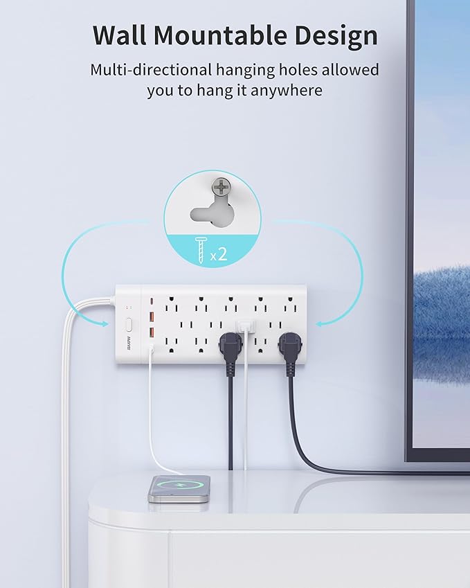 Power Strip, Surge Protector with 14 Outlets and 4 USB Ports (2 USB C), 10 Ft Flat Plug Extension Cord, 1700 Joules, Wall Mount for Home, Office, Dorm, White