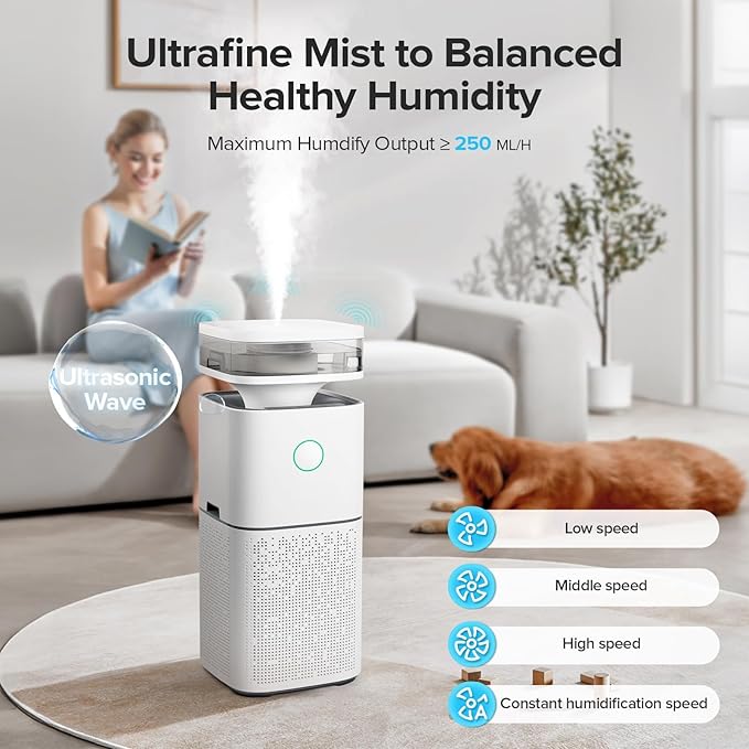 Air Purifier and Humidifier 2 in 1,H13 HEPA Filter,4-Level Humidification & Negative Ion Generator,Sleep Mode,Remove Dust Smoke Pollen Odor for Home Bedroom Office,Up to 2676 Ft²