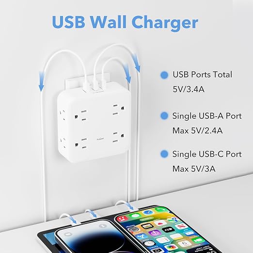 BN-LINK Multi Plug Outlet Extender with 8 Outlets 3 USB Ports (1 USB C), Surge Protector 800 Joules, 4-Sided Multiple Plug Expander Outlet Splitter for Home, Office, 15A/1875W, White