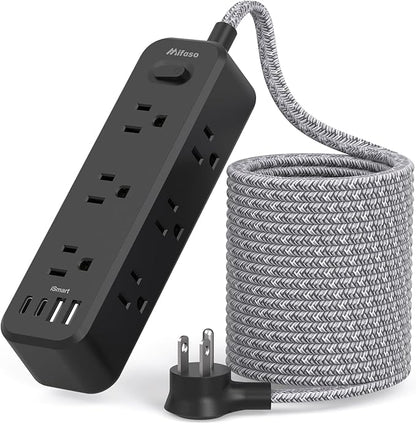 15FT Long Extension Cord with Surge Protector, 13-in-1 Power Strip with 9 Wide Spaced Outlets and 4 USB Ports, Flat Plug Wall Mount Charging Station for College Dorm Room Essentials, Office, Black