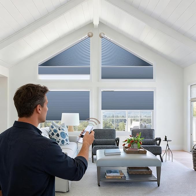 Godark Smart Angled Customized Blackout Honeycomb Blinds Suitable for Trapezoidal/Triangular/Polygonal Windows Motorized Cellular Shades Compatible with Alexa/Google Home/Tuya APP-Blue