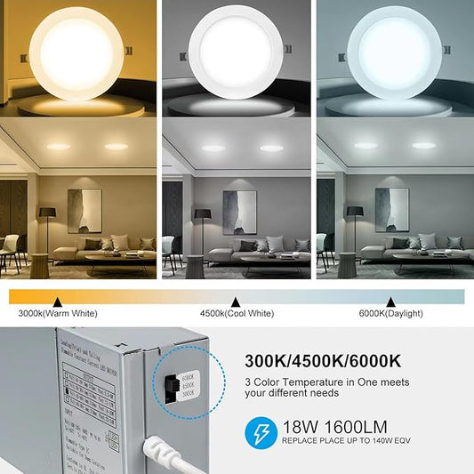 Elaruslux 12 Pack 7 Inch 3CCT Ultra-Thin LED Recessed Light with Junction Box, 3000K/4500K/6000K Selectable, 18W Eqv 125W, Dimmable Canless Downlight, 1600LM High Brightness