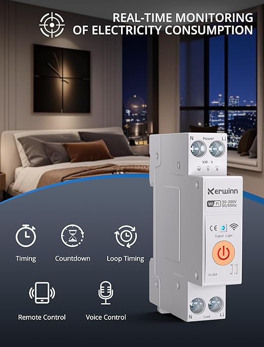WiFi Smart Circuit Breaker 1P+N, 24-Hour Energy Monitoring, DIN Rail Mount, Smart Life/Tuya APP Remote Control & Voice Control Compatible with Alexa/Google Assistant(40A)