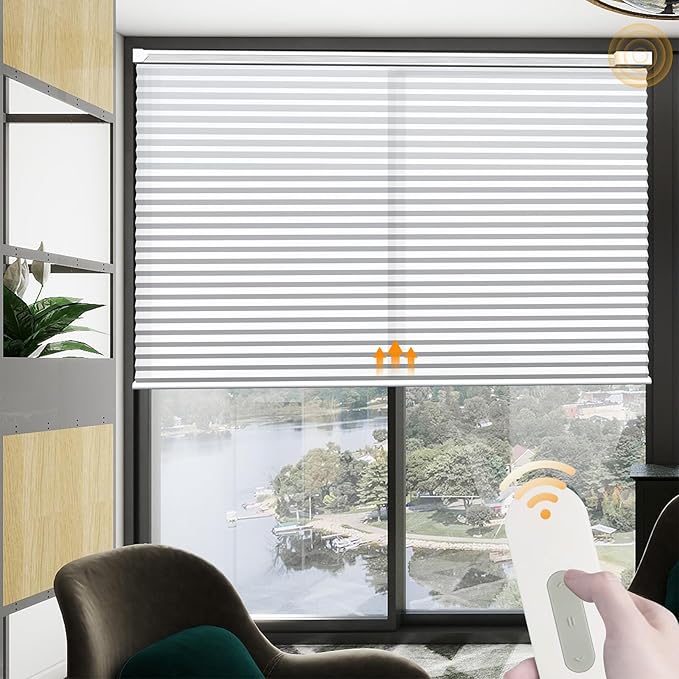 Motorized Cellular Shades Cordless Light Filtering Rechargeable Window Curtains with Remote for Privacy Protection Smart Home Electric Automatic Honeycomb Blinds for Windows, 27" x 48", White
