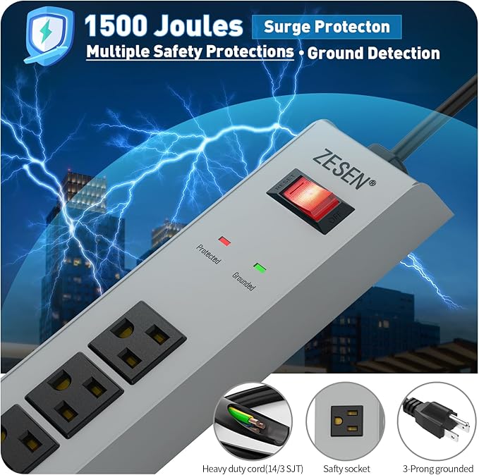 ZESEN 7 Outlet Metal Long Power Strip with Overload Protection & 1500J Surge Protection, 6ft Cord Wall Mounted Industrial Power Strip for Office Workshop Garage, ETL Listed(15A/1875W), Grey
