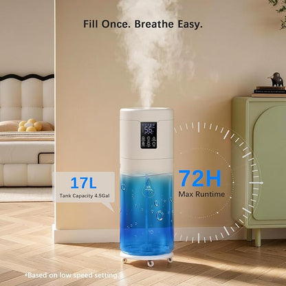 Humidifiers for Large Room Home Bedroom 2000 sq.ft. 17L/4.5Gal Large Humidifier with Extension Tube & 4 Speed Mist,Top Fill Wholehouse Humidifier with 360°Nozzle for Plant Office Commercial Greenhouse
