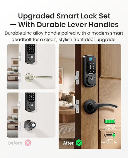 DESLOC B200 Fingerprint Smart Lock with 2 Lever Handles, Keyless Entry Front Door Lock Set, Electronic Keypad Deadbolt, App Control, Auto Lock, Long Battery Life,Matte Black