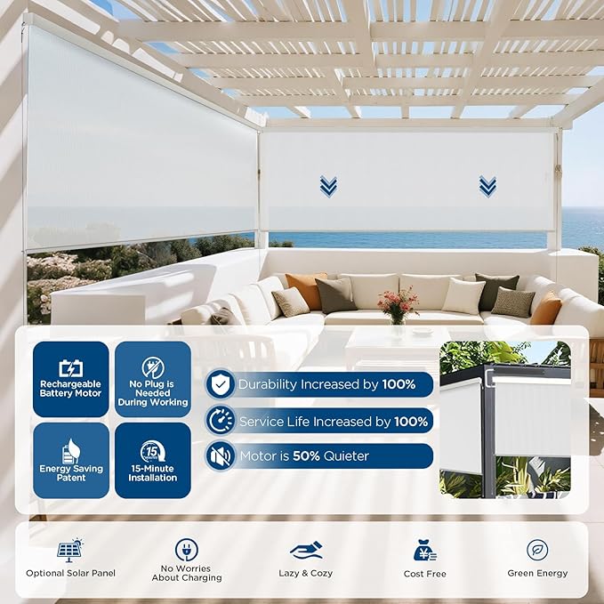 Motorized Outdoor Shades, Custom Patio Roller Blinds with Remote, Smart Exterior Sun Shades Compatible with Alexa, HomeKit, Google Home (3% Openness Sliver)