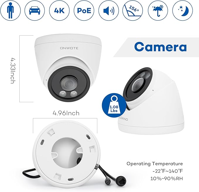 ONWOTE 156° Ultra Wide View Angle 4K 8MP PoE IP Security Camera Outdoor, AI Human Vehicle Detection, 1/2.8" Image Sensor 2.1mm Lens, Commercial Wired Camera for Business, Add-on to PoE NVR System