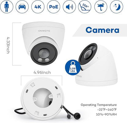ONWOTE 156° Ultra Wide View Angle 4K 8MP PoE IP Security Camera Outdoor, AI Human Vehicle Detection, 1/2.8" Image Sensor 2.1mm Lens, Commercial Wired Camera for Business, Add-on to PoE NVR System