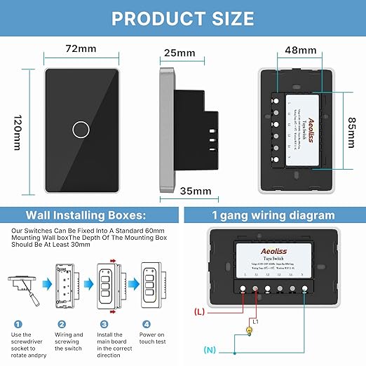 2nd Generation WiFi RF433 Smart Touch Wall Single Fire Smart Light Switch,No Neutral Wire Needed Compatible with Smart Life/Tuya App, Compatible with Alexa and Google Home (Black 1 Gang)
